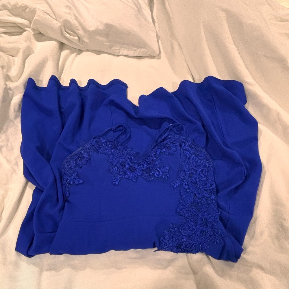 Blue lace floral gown with slit